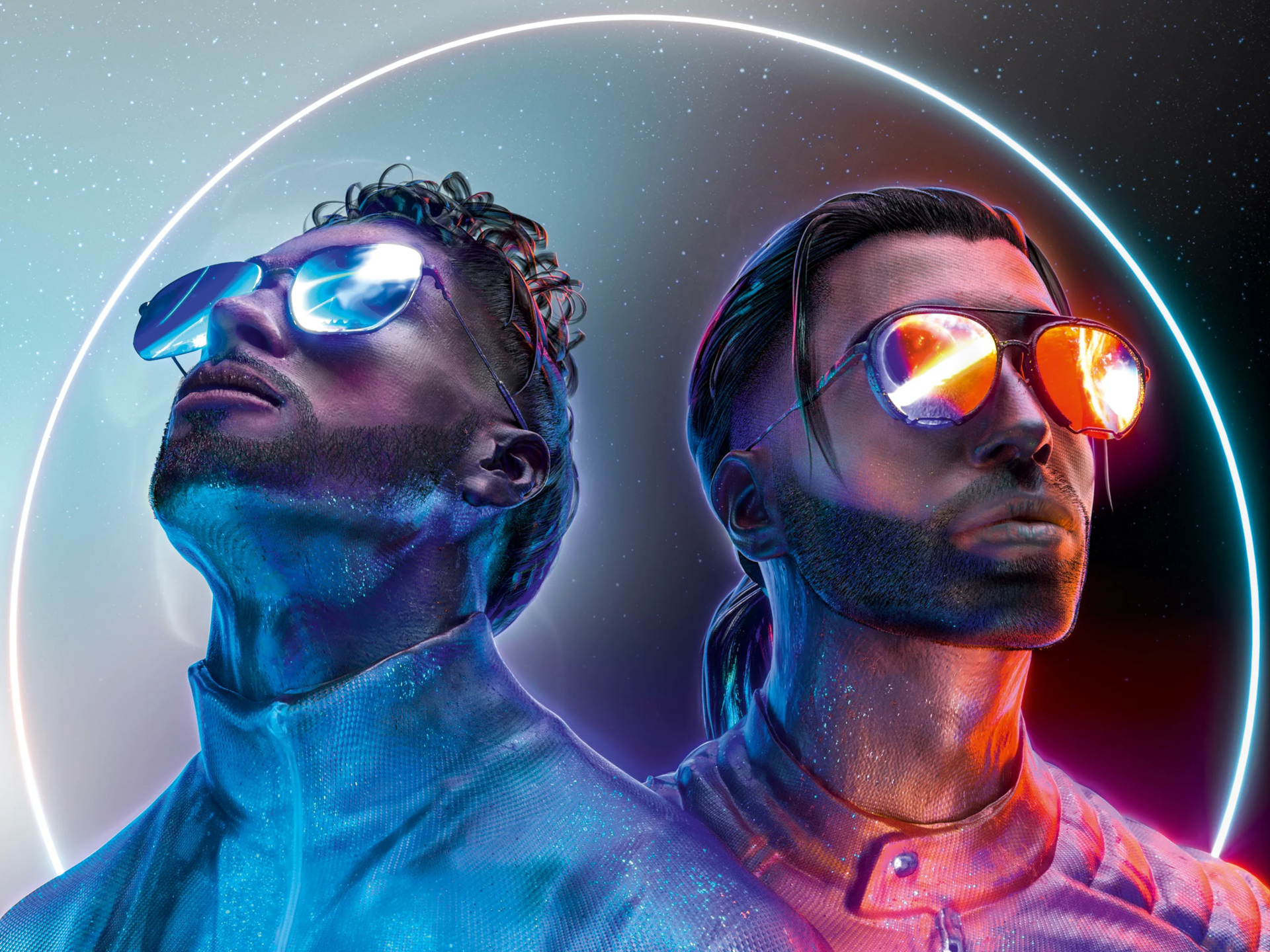 HD PC desktop wallpaper featuring a stylized, futuristic portrait of the music duo PNL wearing reflective sunglasses against a cosmic background.