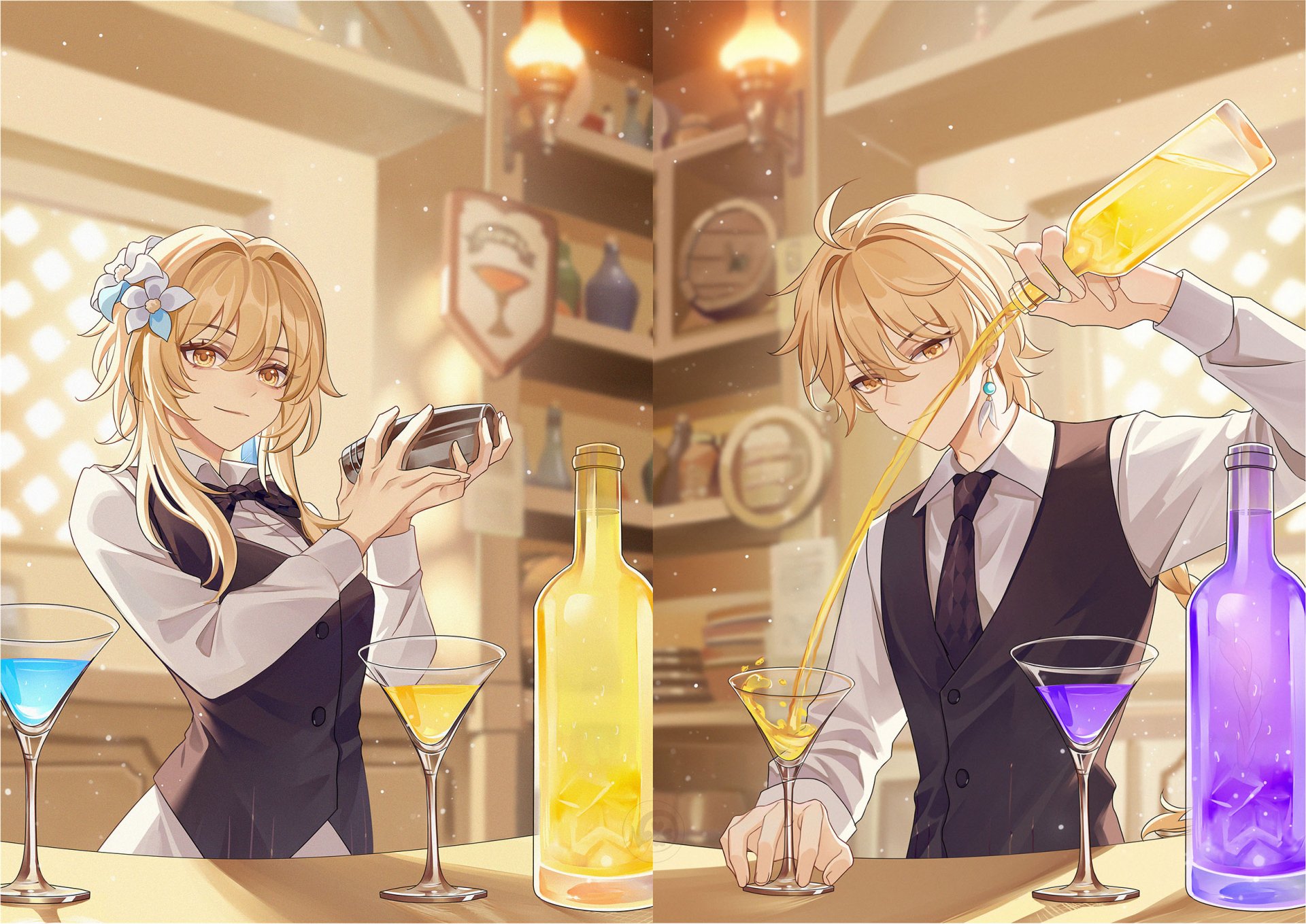 HD PC desktop wallpaper featuring Lumine and Aether from Genshin Impact mixing colorful drinks in a stylish bar setting.