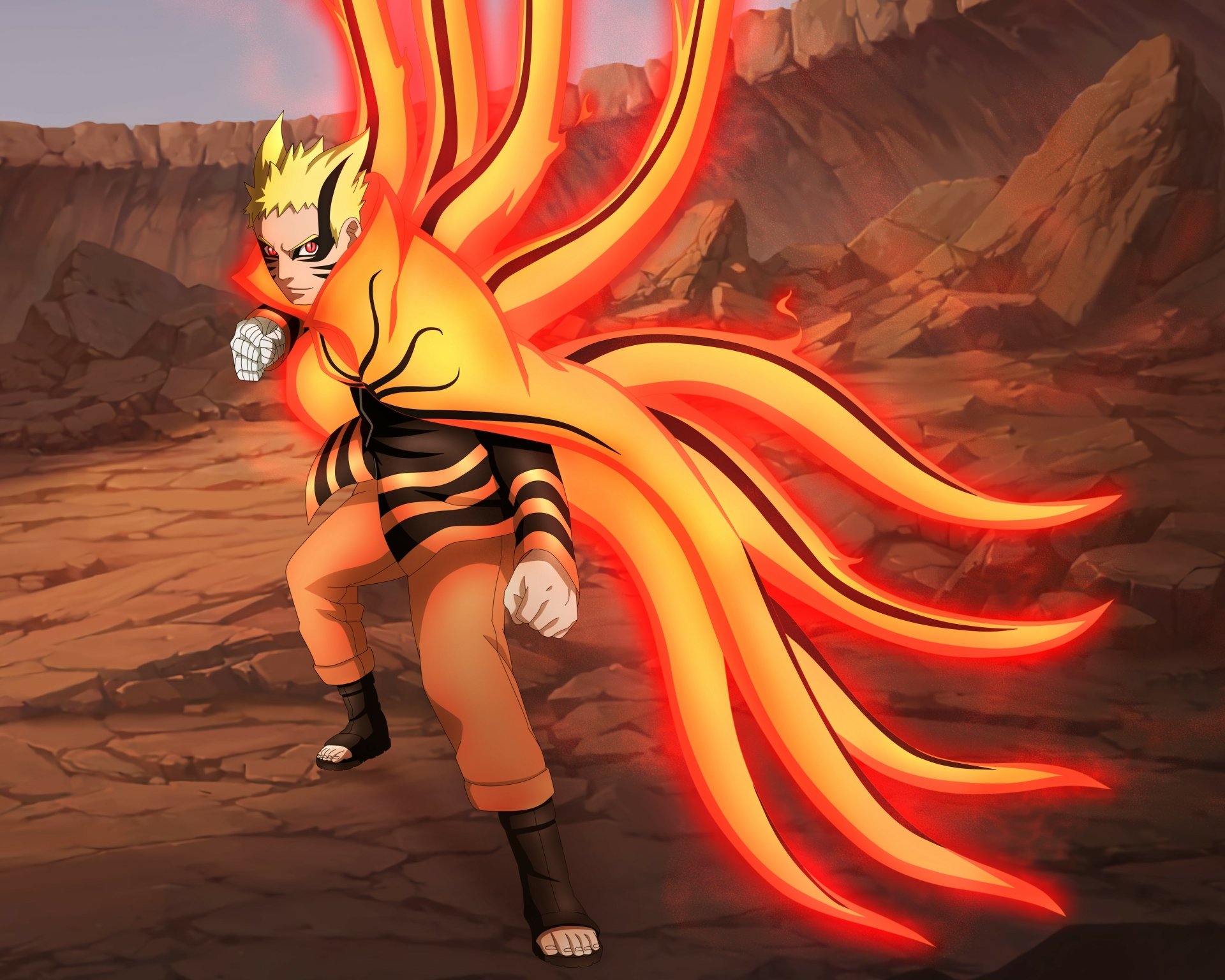 Baryon Mode Naruto Uzumaki with glowing chakra tails, anime Boruto 5K Ultra HD PC desktop wallpaper background, ready to strike on a scorched rocky battlefield.