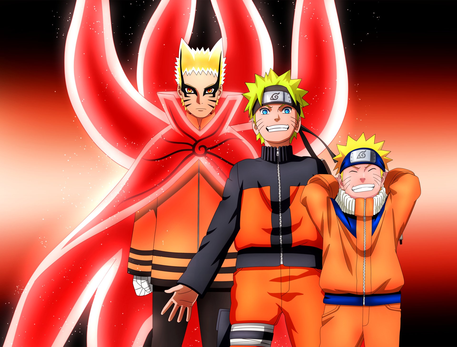 HD PC wallpaper featuring Naruto Uzumaki in Baryon Mode alongside his younger self, showcasing dynamic anime art from the Naruto series.