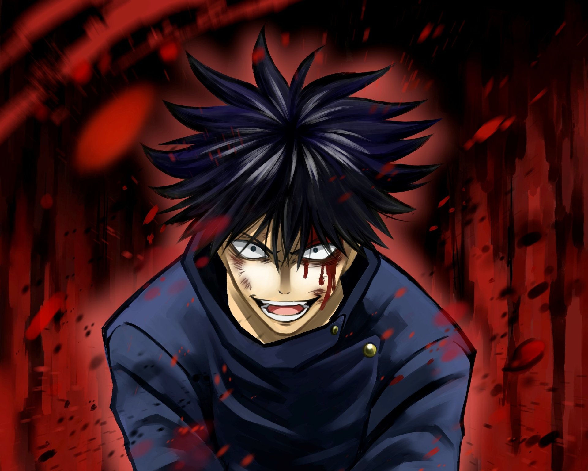 Megumi Fushiguro (Jujutsu Kaisen) — intense anime portrait, blood-splattered face and dark spiky hair against a red, grungy backdrop. 2K Quad HD PC desktop wallpaper.