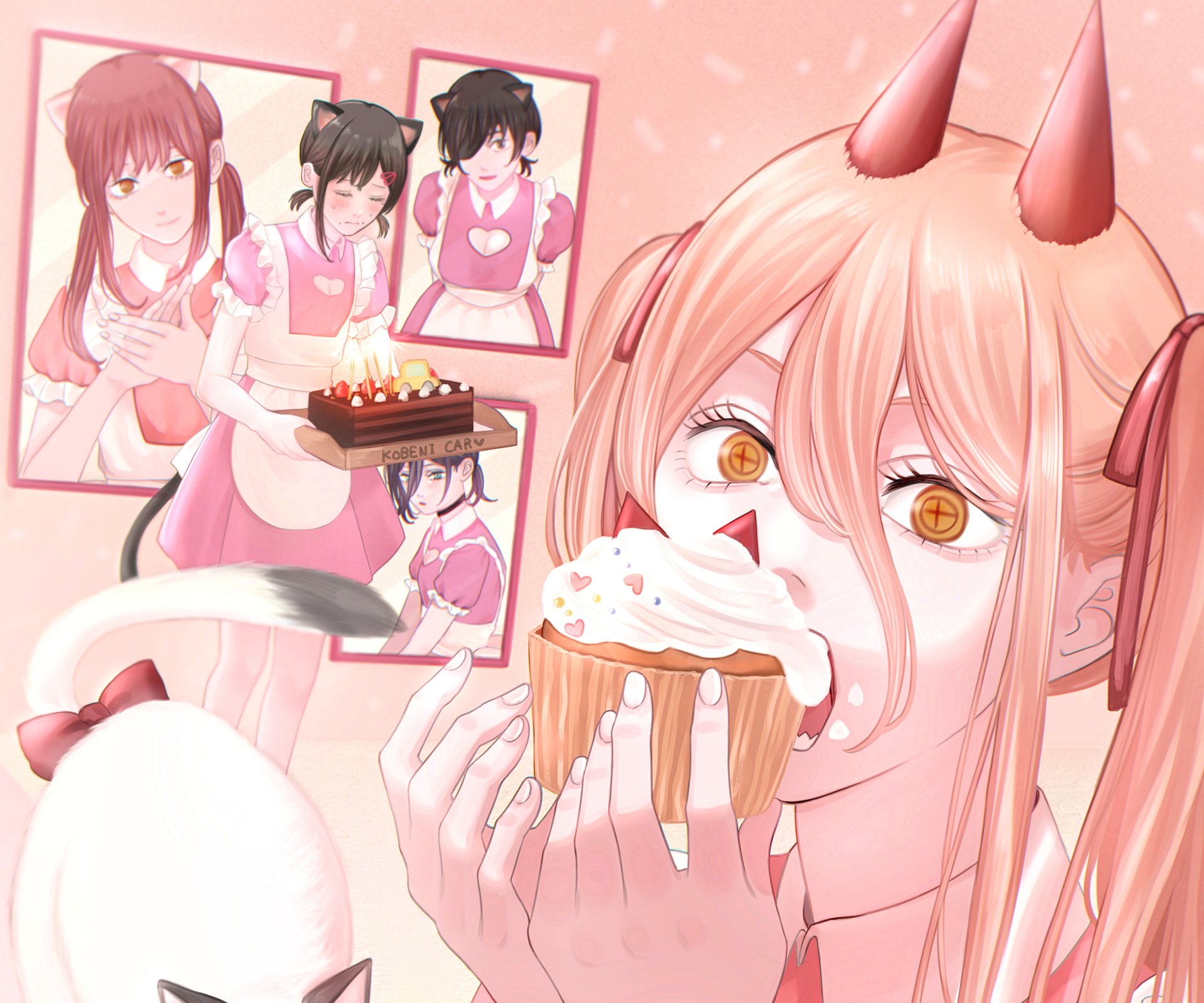 Power (Chainsaw Man) anime HD desktop wallpaper: close-up of Power with horns and golden eyes, whipped cream on her face as she devours a cupcake, pink-toned background with framed photos and cake.