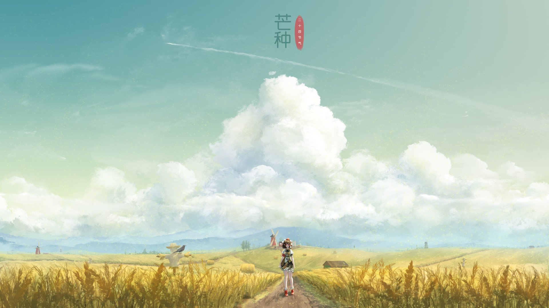 Aya Shameimaru from Touhou stands on a sunlit dirt path through golden fields under a vast sky of billowing clouds — 4K Ultra HD anime PC desktop wallpaper background.