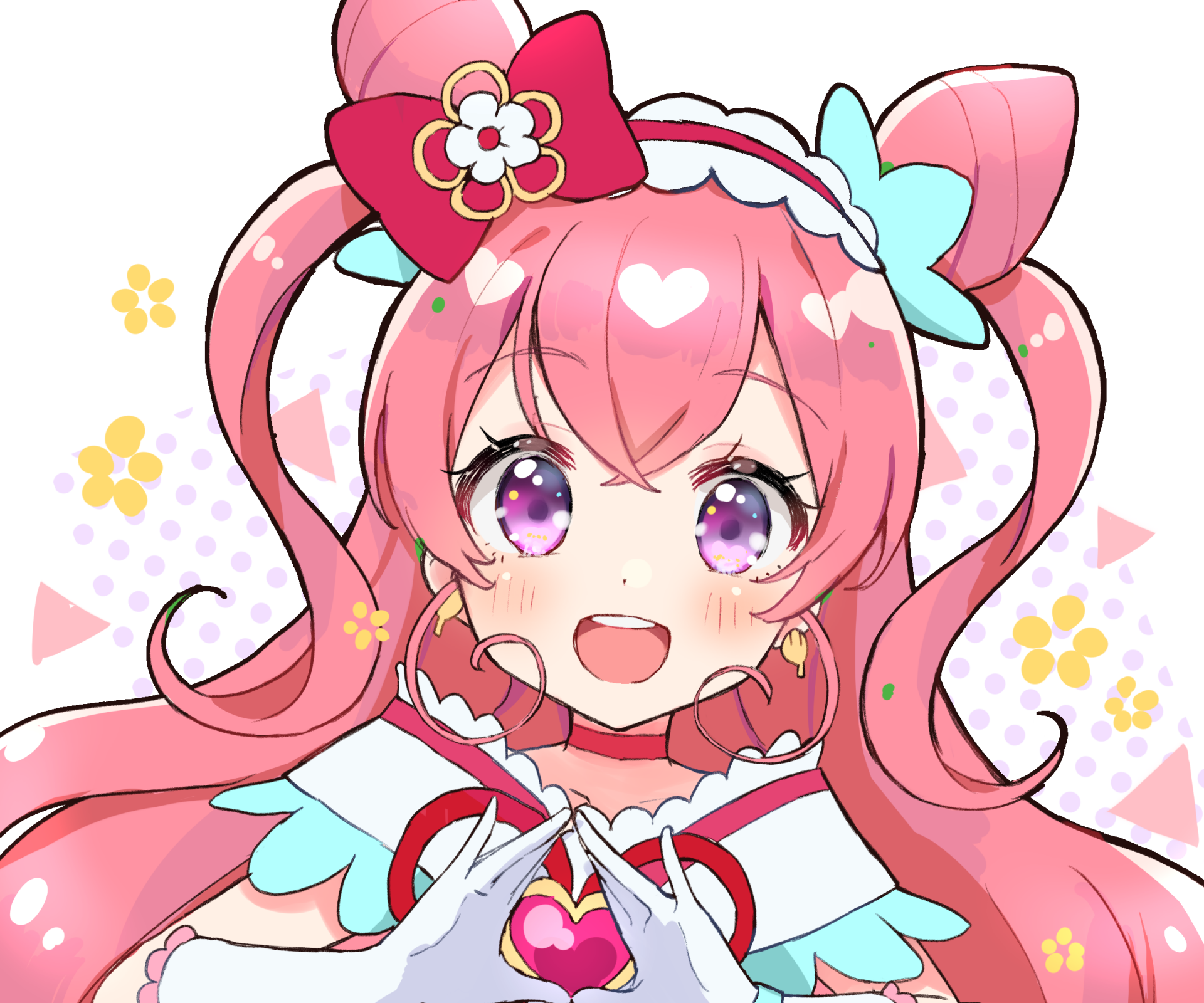 HD PC desktop wallpaper of Nagomi Yui (Cure Precious) from Delicious Party Precure — close-up smiling pink-haired magical girl with sparkly purple eyes and a frilly red-white outfit.