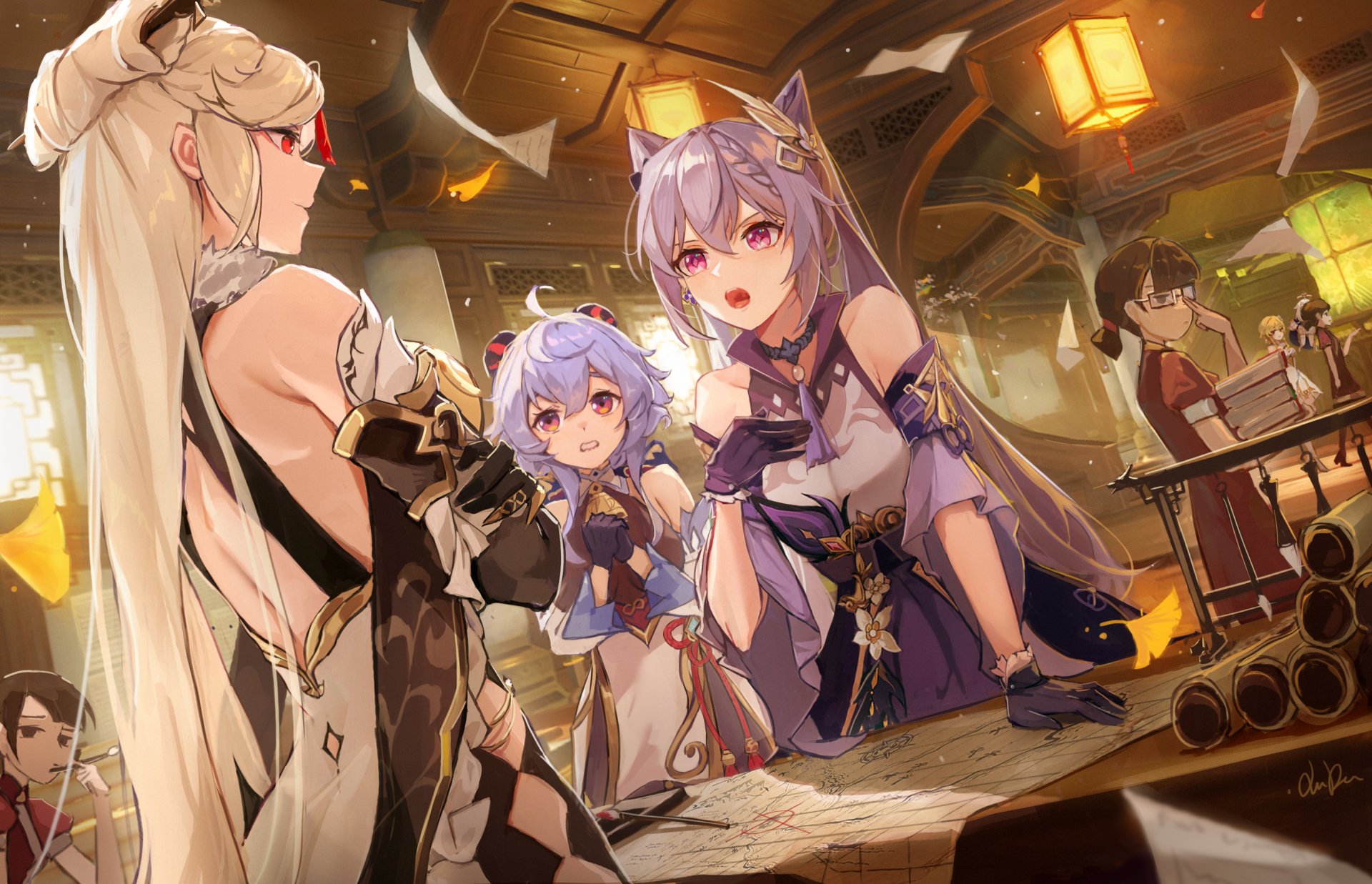 HD PC desktop wallpaper featuring Ganyu, Keqing, and Ningguang from the video game Genshin Impact, set in a warm, detailed tavern environment.