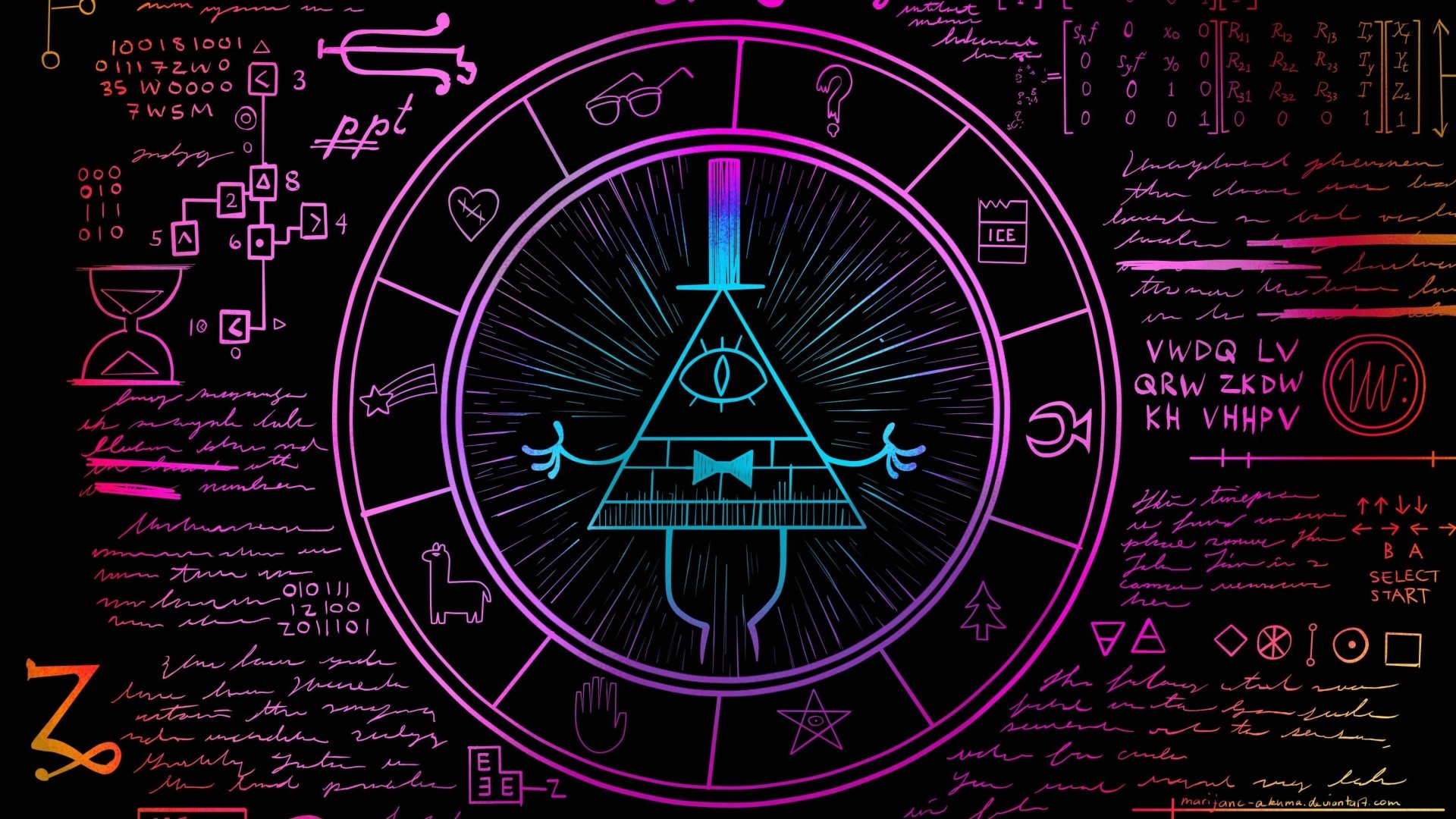 HD PC desktop wallpaper featuring a mystical symbol from the TV show Gravity Falls, with vibrant neon purple and blue hues against a dark background.