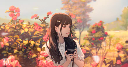 4K Ultra HD anime girl illustration: black-eyed girl holding a camera amid sunlit flowers, warm glow and blooming garden — PC desktop wallpaper background.