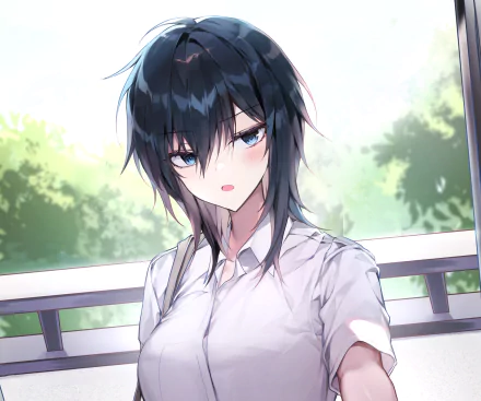 Ishimi Yokoyama anime girl in a white shirt, dark blue hair and blue eyes on a sunlit balcony with leafy green trees — HD PC desktop wallpaper background.
