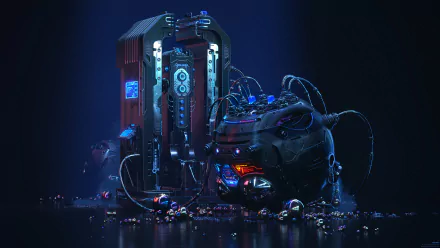 A 4K Ultra HD sci-fi desktop wallpaper featuring a futuristic, intricately detailed machine with glowing blue and red lights set against a dark background.