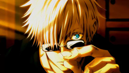 A striking HD wallpaper featuring Satoru Gojo from Jujutsu Kaisen, showcasing his blue eyes and dynamic expression against a vivid background.