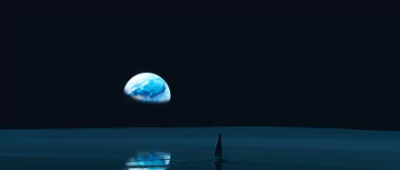 Artistic 4K Ultra HD space-themed desktop wallpaper depicting a lone figure gazing at a partially visible Earth over a reflective surface.