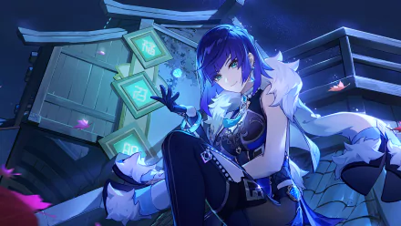 HD PC desktop wallpaper of Yelan from Genshin Impact, featuring her surrounded by glowing blue elemental cubes in a dark, atmospheric setting.