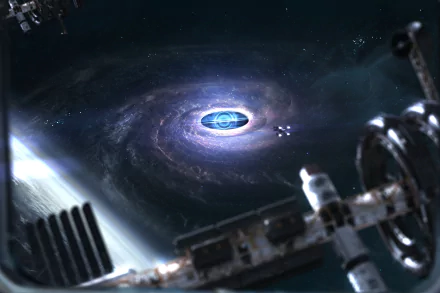 Sci‑Fi 4K Ultra HD PC desktop wallpaper and background: a space station overlooks a luminous black hole with a glowing blue event horizon and swirling accretion disk.