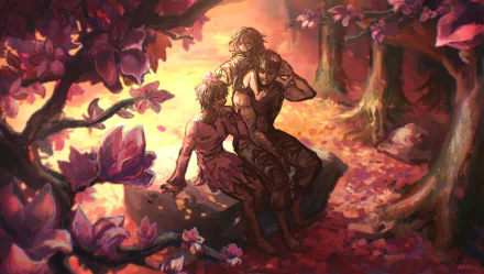 HD desktop wallpaper featuring Guts and Casca from the anime Berserk, depicted in a warm, detailed forest scene with rich autumn tones.