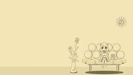 4K Ultra HD PC desktop wallpaper background: chibi Anya Forger (Anime, Spy x Family) on a sofa with a small dog, vase of flowers and minimalist beige decor.