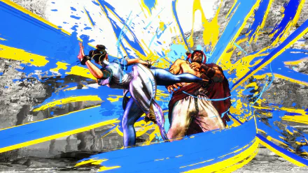 Ryu and Chun-Li from Street Fighter 6 engage in a dynamic battle amid vivid blue and yellow brushstroke effects in this 4K Ultra HD PC desktop wallpaper.