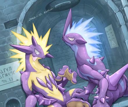 HD PC desktop wallpaper featuring Toxtricity from Pokémon: Sword and Shield in a dynamic pose within a stone-walled environment.