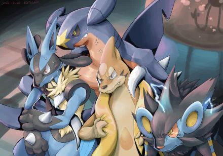 HD PC desktop wallpaper featuring dynamic artwork of five powerful Pokémon from the video game series in a dramatic group pose.