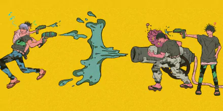 Anime, Jujutsu Kaisen 2K Quad HD PC Desktop Wallpaper and Background — two stylized characters on a bright yellow backdrop fire green, water-like blasts at each other.