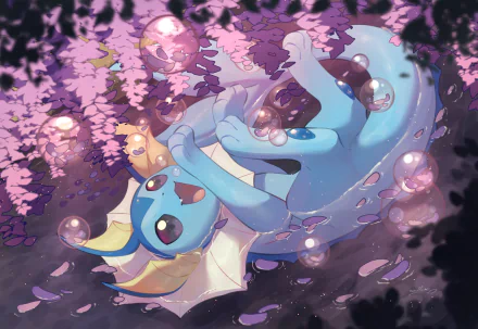HD PC desktop wallpaper featuring Vaporeon, the water-type Pokémon, surrounded by bubbles and pink cherry blossoms in a vibrant video game-inspired scene.