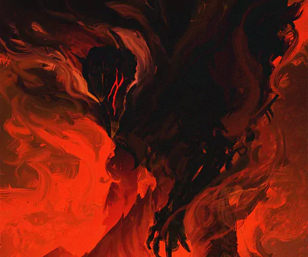HD PC desktop wallpaper featuring Guts from the anime Berserk, engulfed in intense fiery red and black flames, capturing the dark and powerful essence of the series.
