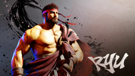 Ryu from Street Fighter 6: muscular, scarred martial artist in torn gi and red headband, with bold brushstroke backdrop — HD PC desktop wallpaper, video game artwork.