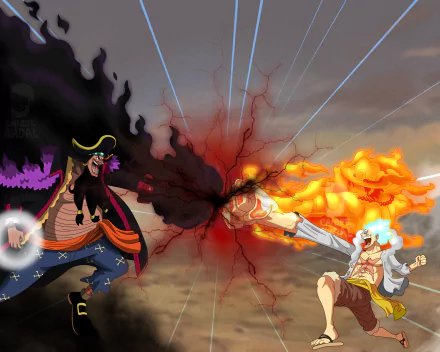 HD PC desktop wallpaper featuring Monkey D. Luffy and Marshall D. Teach from the anime One Piece engaged in an intense fiery battle.