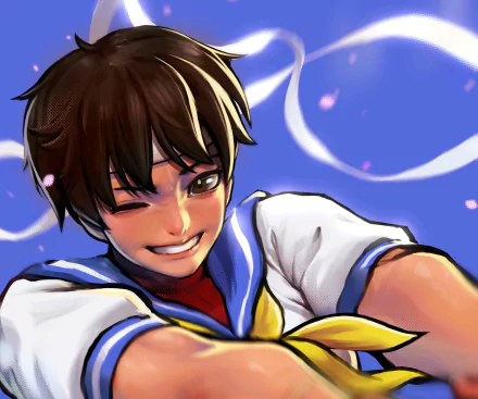 Sakura Kasugano from Street Fighter winking in her sailor uniform with yellow scarf, cherry petals and a swirling blue sky — HD PC desktop wallpaper/background, video game art.