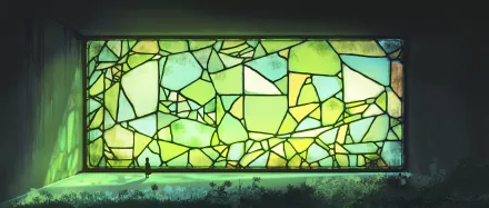 Abstract digital art stained-glass window in green-teal mosaic, tiny silhouetted figures below — 4K Ultra HD PC desktop wallpaper and background