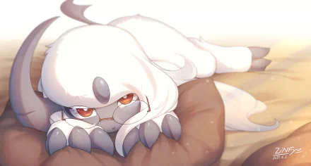 Close-up of Absol (Pokémon) curled on a cushion with warm light — 5K Ultra HD PC desktop wallpaper background, Pokémon video game artwork.