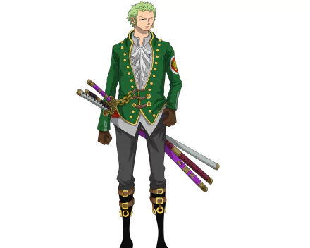 Roronoa Zoro from One Piece with three sheathed swords, wearing a green jacket and boots — anime 2K Quad HD PC desktop wallpaper/background.