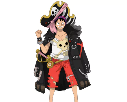 Monkey D. Luffy from One Piece — anime artwork of Luffy in a pirate hat and coat, red shorts and skull belt, fist raised; HD PC desktop wallpaper background.
