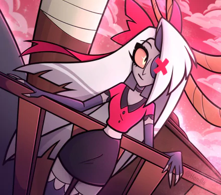 HD desktop wallpaper featuring Vaggie from the TV show Hazbin Hotel, showcasing her confident pose and vibrant, stylized background.