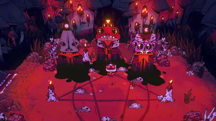 4K Ultra HD PC desktop wallpaper of Cult of the Lamb: stylized red-lit ritual clearing with pentagram, altar, masked cultists and candles in moody cartoon-horror art.
