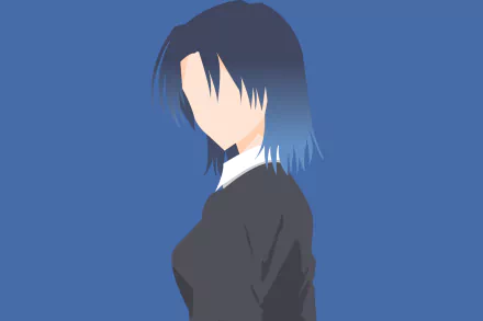 Minimalist HD PC wallpaper of Kamiya from Shikimori's Not Just a Cutie — anime-style side profile with blue ombré hair and a school uniform on a solid blue background.
