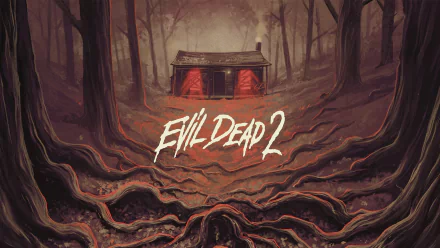 HD PC desktop wallpaper/background: eerie Evil Dead II movie art — blood-red lit cabin in a foggy, root-choked forest with the Evil Dead 2 title over tangled roots.