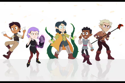 Luz Noceda, Amity Blight, Willow Park, Gus Porter and Hunter from the TV show The Owl House strike dynamic poses on a white background — 2K Quad HD desktop wallpaper.