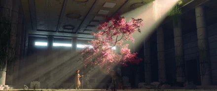 Fantasy forest 2K Quad HD PC Desktop Wallpaper and Background: a glowing pink tree bathed in sunbeams inside a ruined hall, a lone figure gazes beneath shafts of light.
