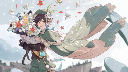 HD PC desktop wallpaper featuring Venti from the video game Genshin Impact surrounded by floating flowers and petals in a bright, airy scene.