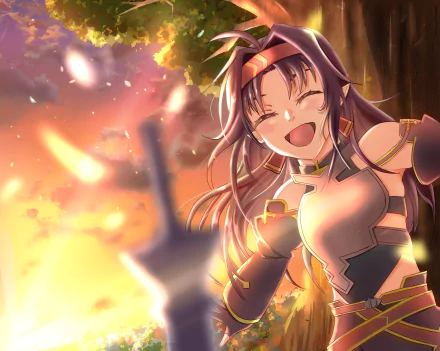 Yuuki Konno from Sword Art Online laughing in autumn light, vibrant 4K Ultra HD anime artwork—PC desktop wallpaper/background showing her cheerful pose and falling leaves.