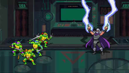 HD wallpaper of Teenage Mutant Ninja Turtles: Shredder's Revenge game, featuring the iconic turtles in combat with Shredder, set against a high-tech background.