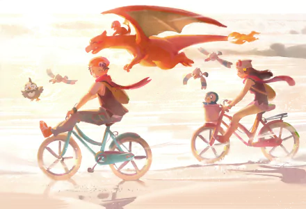 HD anime-style Pokemon wallpaper showing two characters riding bicycles with Charizard and other Pokemon flying above at sunset.