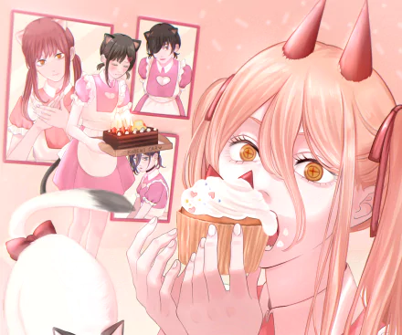 Power (Chainsaw Man) anime HD desktop wallpaper: close-up of Power with horns and golden eyes, whipped cream on her face as she devours a cupcake, pink-toned background with framed photos and cake.