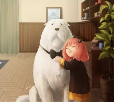 Anya Forger hugging Bond the large white dog in a sunlit room — Spy x Family anime 5K Ultra HD PC desktop wallpaper and background.