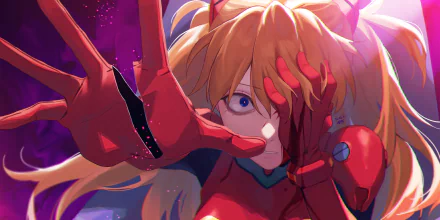 HD PC desktop wallpaper featuring Asuka Langley Sohryu from Neon Genesis Evangelion in dynamic anime style with vibrant colors and intense expression.