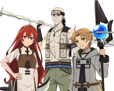 HD wallpaper of Ruijerd Superdia, Rudeus Greyrat and Roxy Migurdia from Mushoku Tensei: Jobless Reincarnation, standing together; Ruijerd with a polearm and Rudeus holding a magic staff.