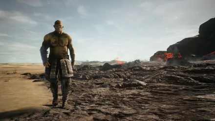 HD wallpaper of Mortal Online 2 featuring a muscular character in a desolate landscape with distant red structures.