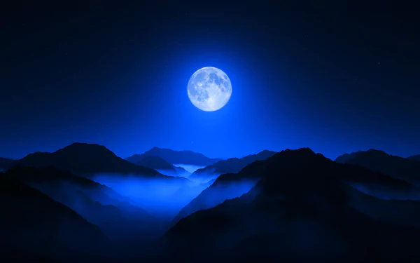 4K Ultra HD PC desktop wallpaper: full moon glowing over mist-filled mountain ridges in deep blue — serene nature night landscape.