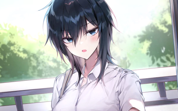 Ishimi Yokoyama anime girl in a white shirt, dark blue hair and blue eyes on a sunlit balcony with leafy green trees — HD PC desktop wallpaper background.