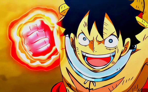 HD PC desktop wallpaper: Anime portrayal of Monkey D. Luffy from One Piece's Wano arc, grinning as a fiery red fist glows against a warm golden background.